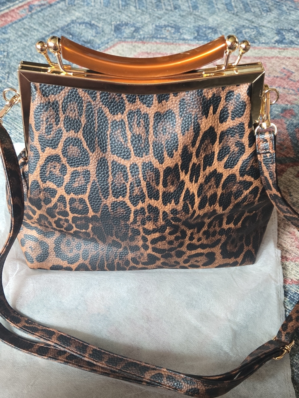 Leopard Print Frame-Top Crossbody Bag in Brown